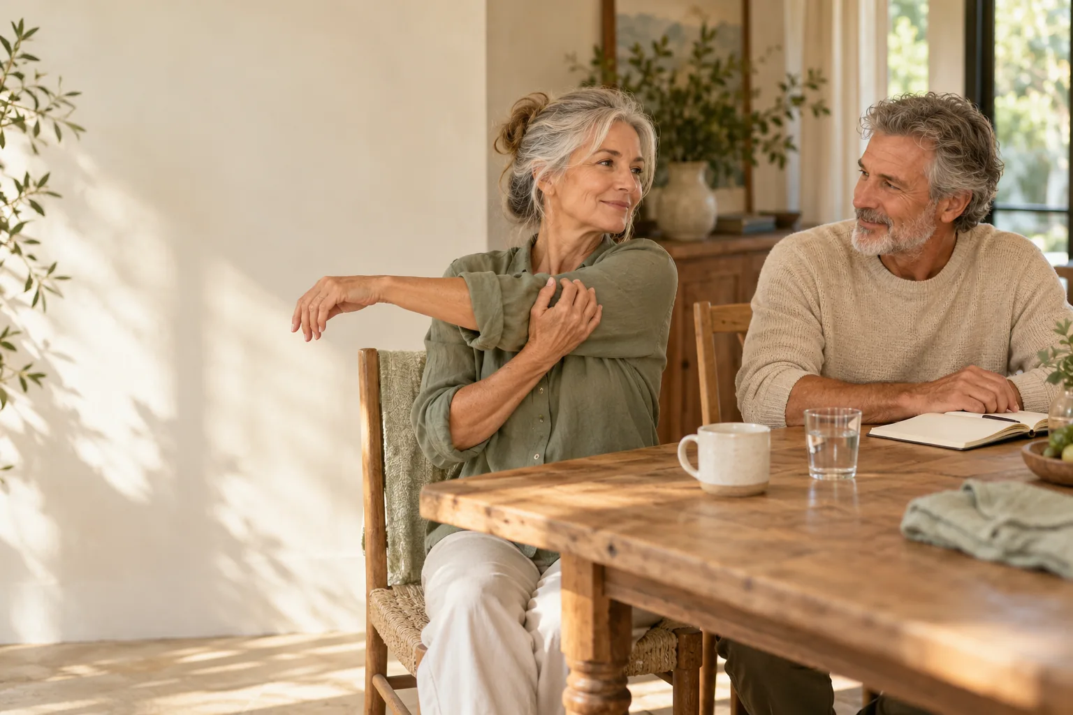 Two adults sharing a gentle everyday movement at a sunlit table